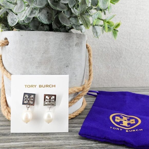 Tory Burch Square Logo Pearl Drop Earrings Silver OS - Picture 9 of 12
